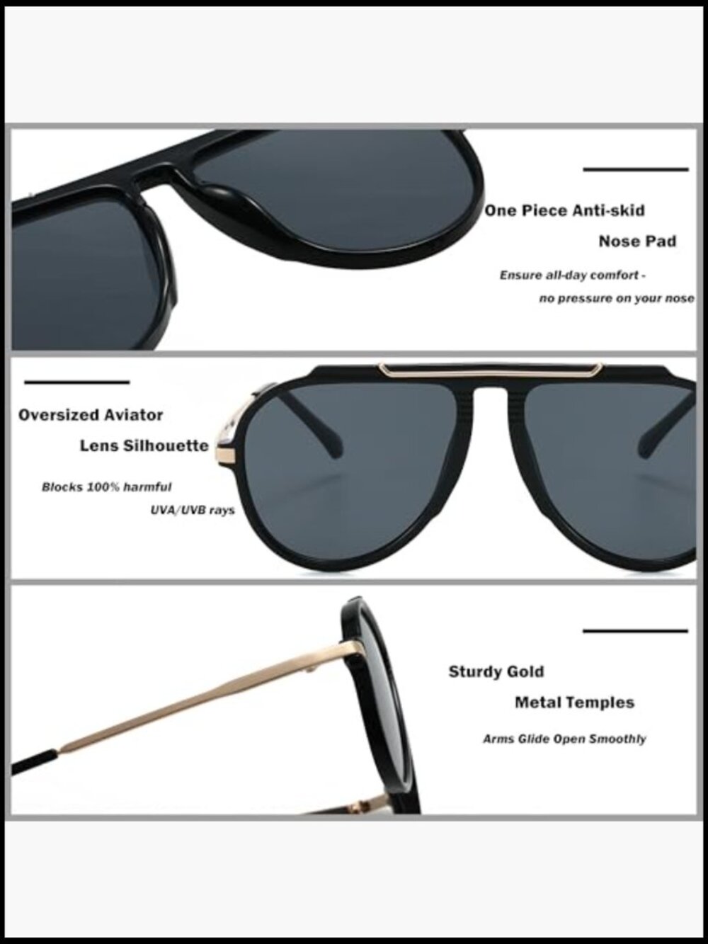 Oversized Aviator Sunglasses UV400 Protection Composite Frame - Picture 5 of 7